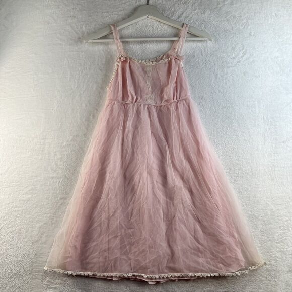Miss Elaine Small Vtg Pastel Pink Chiffon Short Babydoll Pegnoir Sheer Negligee - Picture 2 of 11